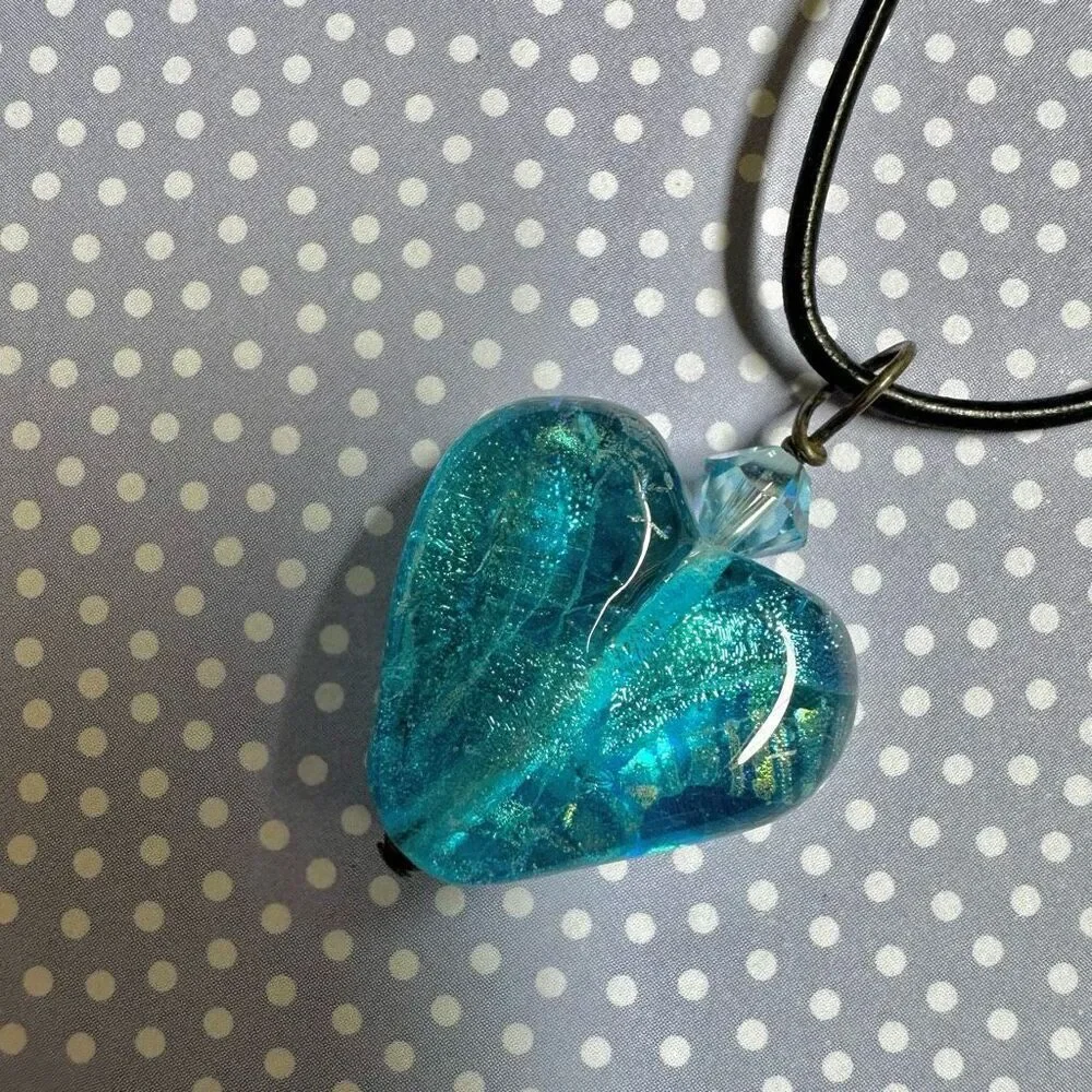 Blue glass heart pendant necklace sterling silver clasp on cord